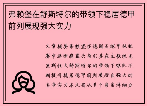 弗赖堡在舒斯特尔的带领下稳居德甲前列展现强大实力